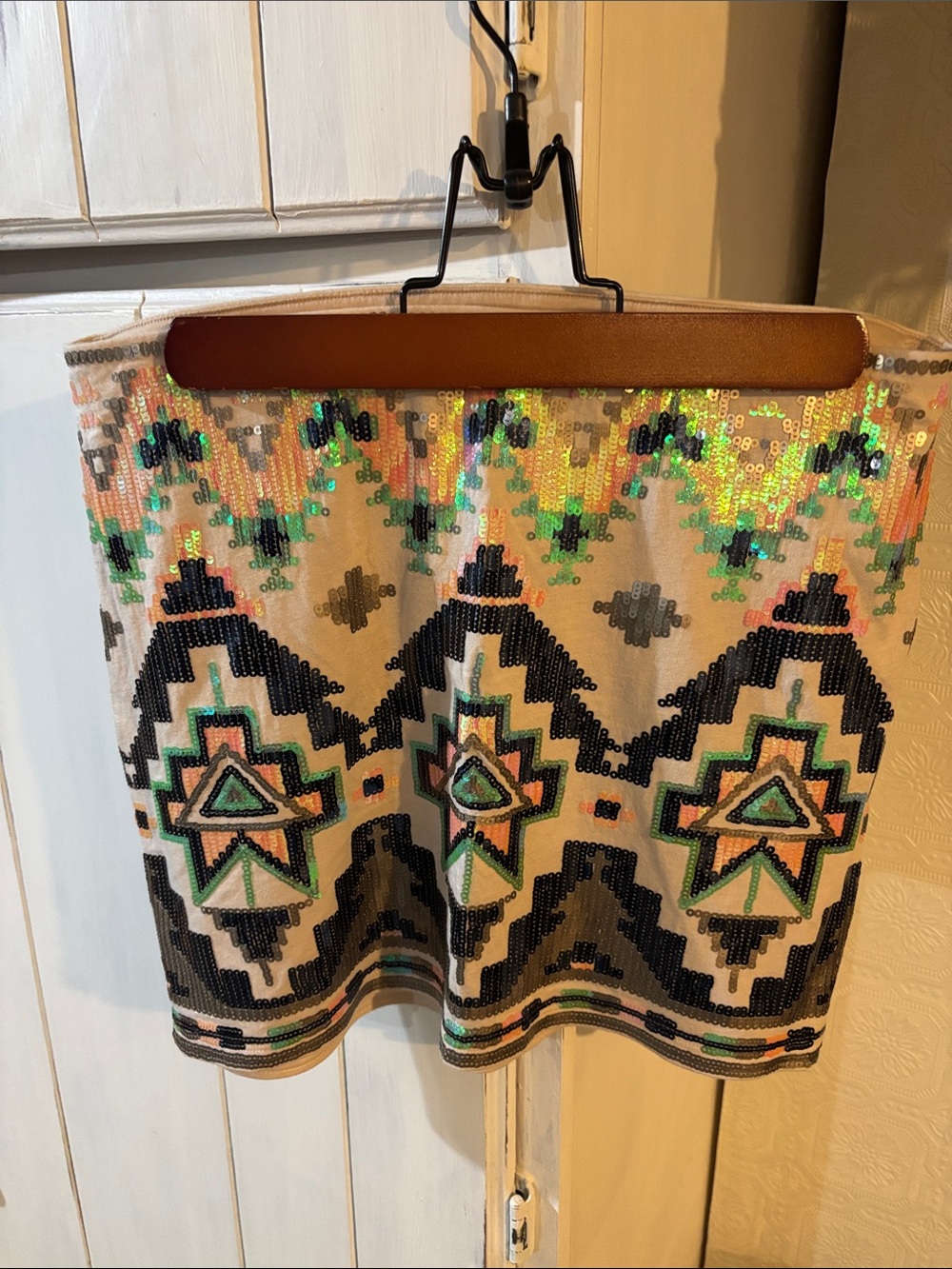 Express Sequin Embellished Mini Skirt in Cream, Black, Green